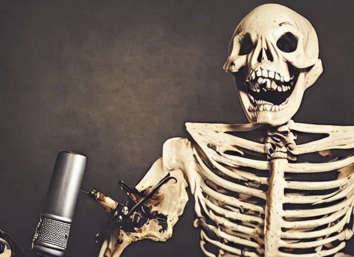 Prompt: a photo of an enraged skeleton in a cowboy costume angrily shouting into a microphone in a dirty old rundown radio station studio filled with radio equipment and piles of empty beer cans strewn about