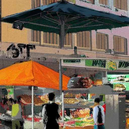 Prompt: a concept matte paint of a 21st century street food market, art by Monet and Banksy