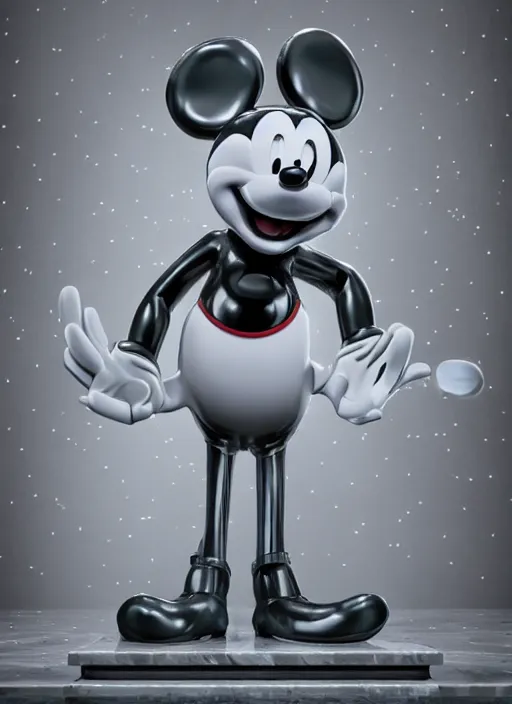 Image similar to stylized shiny latex rubber leather statue full body cosmic eldritch horror made of marble of disney character mickey mouse, perfect symmetrical body, perfect symmetrical face, hyper realistic, hyper detailed, by johannen voss, by michelangelo, octane render, blender, 8 k, displayed in pure white studio room