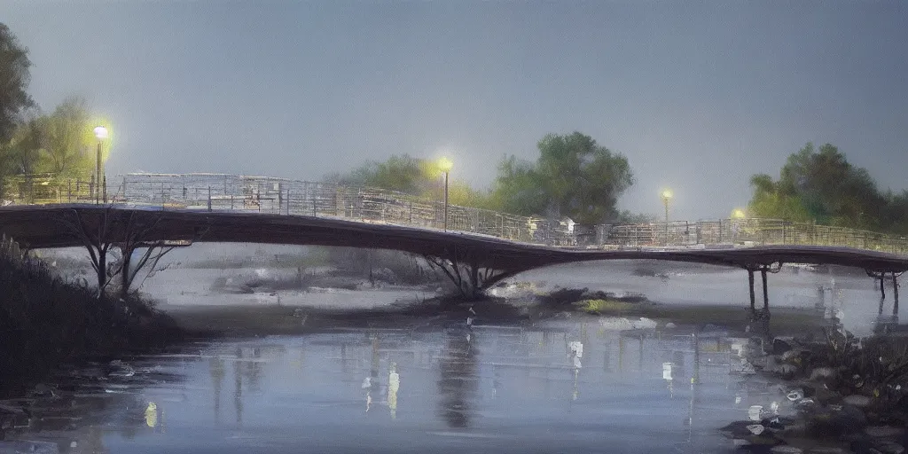Prompt: a footbridge, cinematic lighting, detailed oil painting, hyperrealistic, 8k