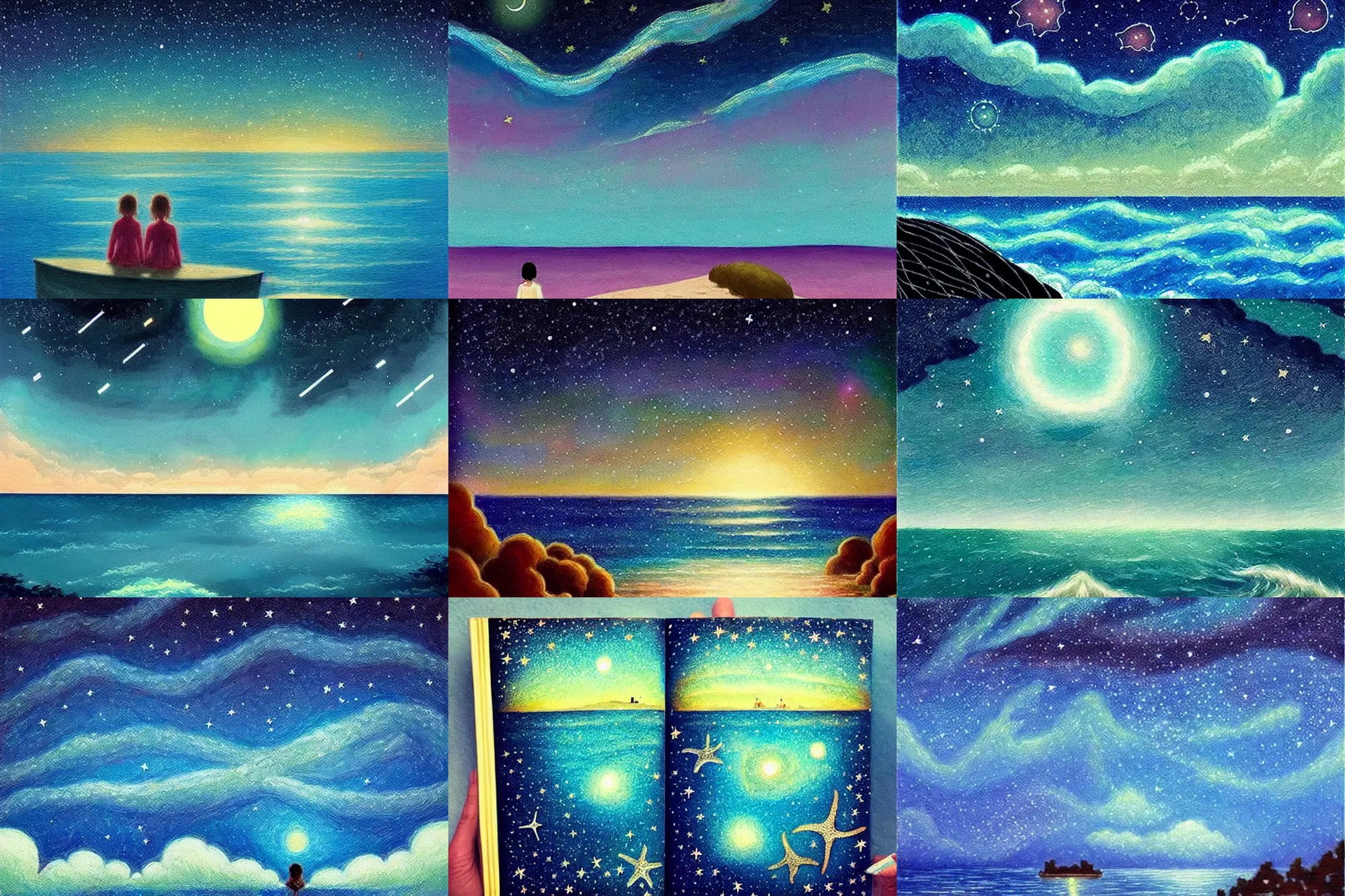 Prompt: ( ( ( ( ( beautiful starry sky and sea ) ) ) ) ) like tara books!!!!!!!!!!!!!!!!!!!!!!!!!!!, overdetailed art, picture book