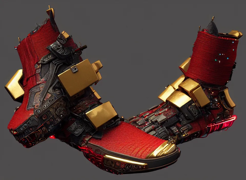 Image similar to realistic 3 d render of a cyberpunk android sneaker, beautiful studio lighting, soft, sharp focus, neon cyberpunk highlights, intricate detail, gold and red accents, soft rubber, octane render, side view, close up, trending on artstation, deviantart, issey miyake, lloyd wright, gaugin