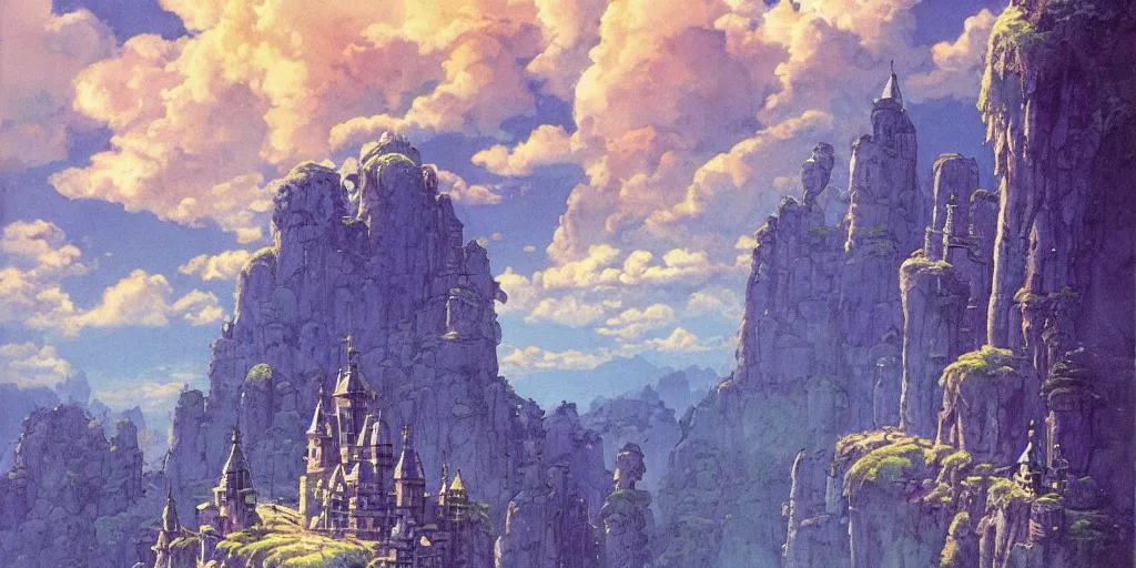 Image similar to castle in the sky, azure sky, studio ghibli, james gurney, fantasy art