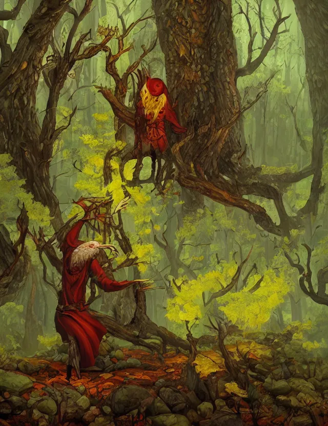 Image similar to capercaillie blood mage in the lichen woods. this heavily stylized oil painting by the award - winning comic artist has interesting color contrasts, plenty of details and impeccable lighting.