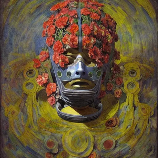 Prompt: a robot wearing a mask made of flowers, by annie swynnerton and diego rivera, symbolist, dramatic lighting, elaborate geometric ornament, art brut, soft cool colors, smooth, sharp focus, extremely detailed, adolf wolfli and dan munford