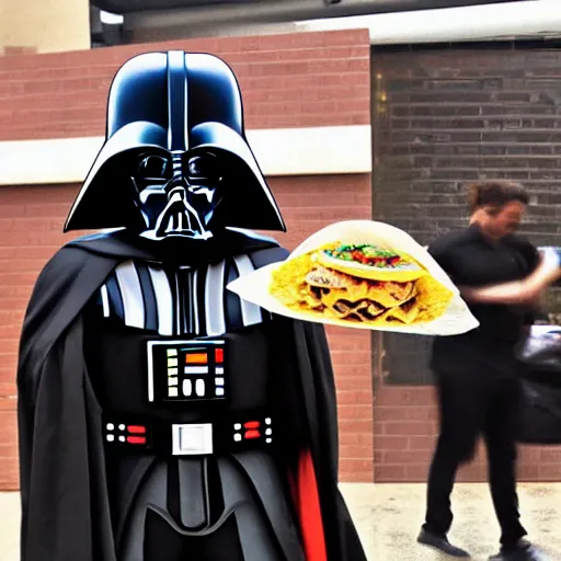 Image similar to darth vader eating taco bell