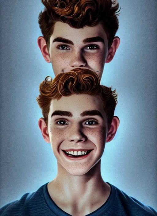 Image similar to portrait of teenage archie andrews, freckles, curly middle part haircut, curly hair, smiling kindly, friendly, 1 9 5 0 s, intricate, elegant, glowing lights, highly detailed, digital painting, artstation, concept art, smooth, sharp focus, illustration, art by wlop, mars ravelo and greg rutkowski