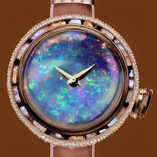 Image similar to celestial watch from the far future with infinite dials, mother of pearl opal, year 2 5 0 0, style of norman rockwell