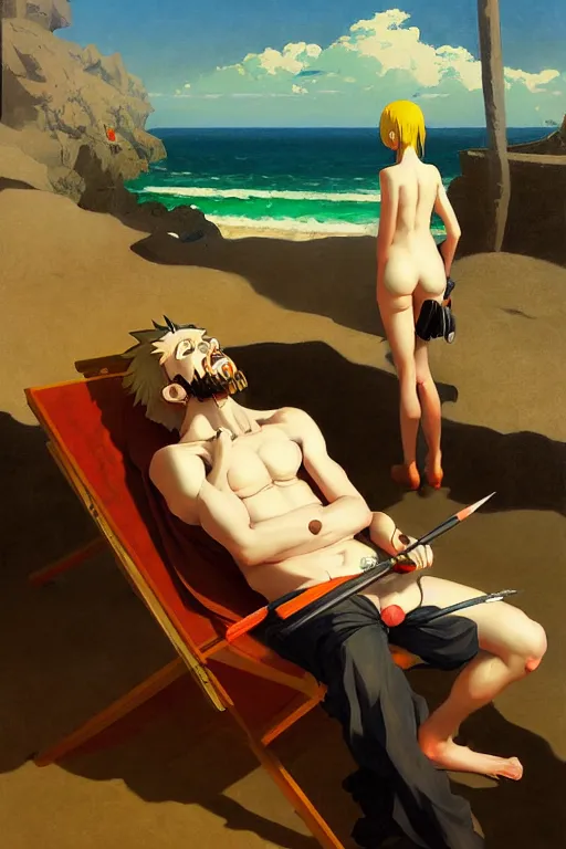 Image similar to baroque oil painting of anime key visual concept art of doom guy relaxing in a beachside resort, acrylic painting, trending on pixiv fanbox, palette knife and brush strokes, style of makoto shinkai jamie wyeth james gilleard edward hopper greg rutkowski studio ghibli genshin impact