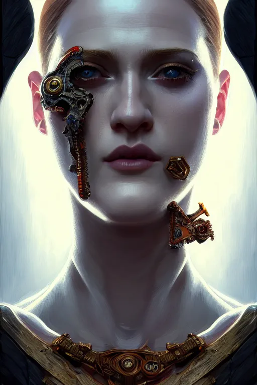 Image similar to symmetry!! portrait of evan rachel wood in the style of god of war, machine parts embedded into face, intricate, elegant, highly detailed, digital painting, artstation, concept art, smooth, sharp focus, illustration, art by artgerm and greg rutkowski and alphonse mucha, 8 k