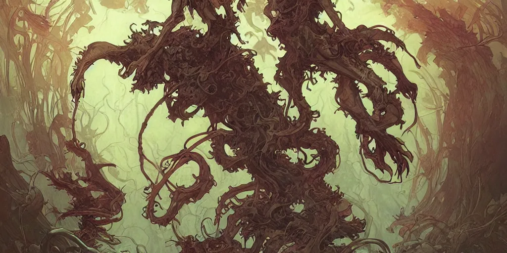 Image similar to epic concept illustration of a fungus demon, by james jean, by artgerm and greg rutkowski and alphonse mucha. uhd, amazing depth, cinematic lighting, glossy wet levitating floating fungus god with arms outstretched.
