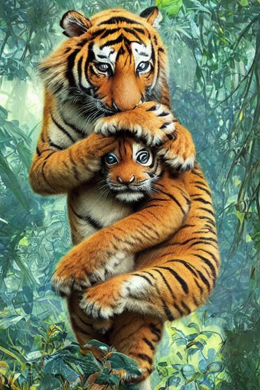 Prompt: beautiful cottagecore tiger puppy holding a little monkey, psychedelic Hair, magical forest, intricate, elegant, highly detailed, digital painting, artstation, concept art, smooth, sharp, focus, illustration, art by artgerm and greg rutkowski and alphonse mucha