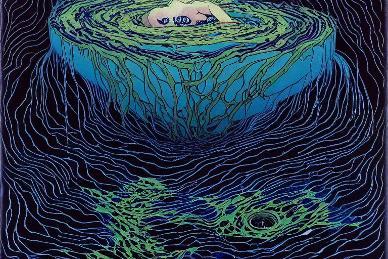 Prompt: despair, drowning, loneliness. collapsing into spiral oblivion, the weeping visage of a longing dreamer in desolation. cosmic void, abyssal ocean depths, vibrant darkness, by jackson pollock, john avon, rebecca guay, carl critchlow. moody, murky. glimmering hopes last gasp in the endless waters. gouache painting.