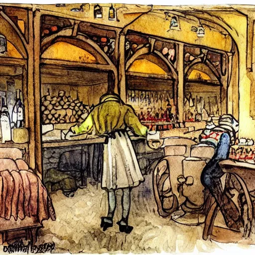 Image similar to hot blonde working in a wine cellar, food, pork, beer, schnapps, rustic, traditional, torches on the wall, watercolor by carl larsson