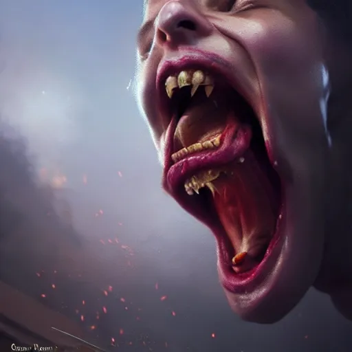 Prompt: a close view of a jewish rabi screaming in panic!!!, derbis!!!, rubble!!, fires!! hyperrealistic, highly detailed, cinematic, foggy light from fires, beautiful, cgssociety, artstation, 8 k, oil painting by greg rutkowski, by artgerm, by wlop