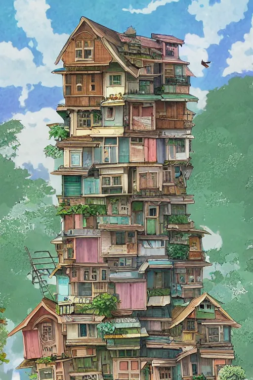 Image similar to stacked houses, solarpunk, studio ghibli