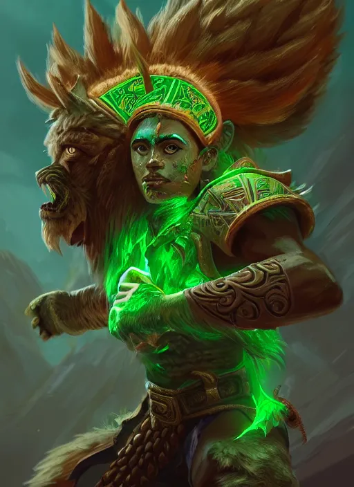 Image similar to a highly detailed illustration of fierce young aztec boy wearing green mane, heroic roaring wielding aztec club pose, muscular, intricate, elegant, highly detailed, centered, digital painting, artstation, concept art, smooth, sharp focus, league of legends concept art, wlop