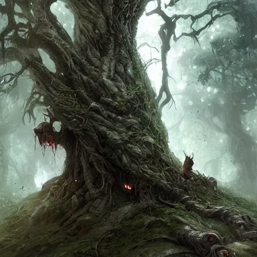 Prompt: an ent from lord of the rings, in the shape of a rat, in a corrupted forest, by greg rutkowski, trending on art station, highly detailed, magic the gathering, matte painting