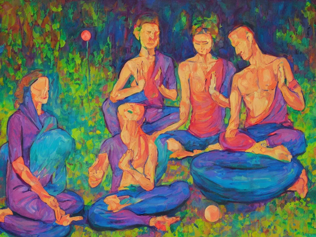 Image similar to man and woman meditating with lollipop. painting by carle eric