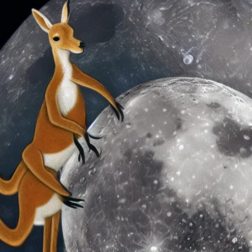 Image similar to A kangaroo is beating up on a moon base with a huge earth in the background