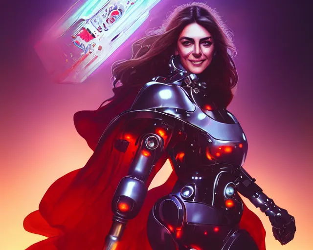 Image similar to young elizabeth hurley as a gorgeous but deadly cyborg terminator, photography of kurzgesagt, deep focus, d & d, fantasy, intricate, elegant, highly detailed, digital painting, artstation, concept art, matte, sharp focus, illustration, hearthstone, art by artgerm and greg rutkowski and alphonse mucha