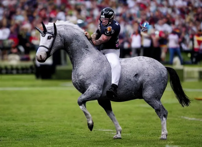 Image similar to chris long riding a unicorn