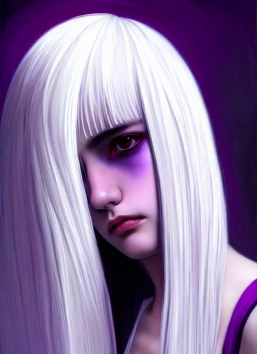 Image similar to hair whitebangs hair, black hair, whitebangs, portrait of teenage girl with white bangs, red irises, purple clothes, white bangs, bangs are different color from hair, intricate, elegant, glowing lights, highly detailed, digital painting, artstation, concept art, smooth, sharp focus, illustration, art by wlop, mars ravelo and greg rutkowski