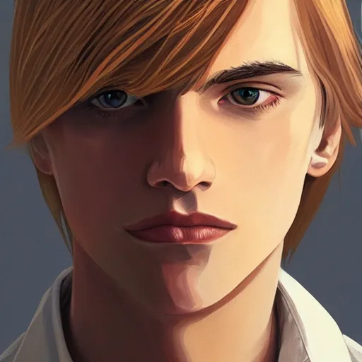 Image similar to a young blond man with long hair wearing a brown shirt, clean shaved, a character portrait by lydia field emmet, trending on cg society, photorealism, wiccan, handsome, ilya kuvshinov