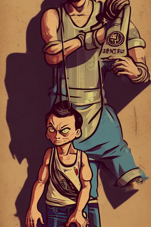 Image similar to boy with singlet tshirt and towel on shoulder. bioshock art style, grand theft auto chinatown art style, pop art, proportional, digital arts, artstation, concept arts, smooth, sharp focus, illustration, intricate, hyperdetails, art by banksy and mimmo rottela, pixels art by paul robertson