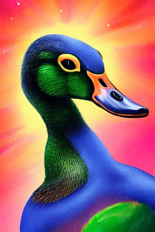 Prompt: a portrait cute mallard duck in space having fun and enjoying life, trending on artstation