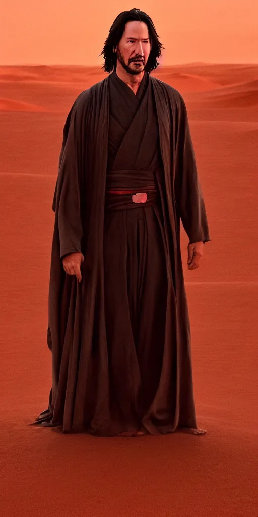 Prompt: keanu reeves as a jedi master, perfect symmetrical face, a red sand desert, moody lighting, 8 k, shallow depth of field, intricate detail,