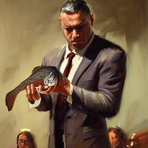 Image similar to A beautiful oil painting of a lawyer in court holding a trout, by Lucas Graciano, Frank Frazetta, Greg Rutkowski, Boris Vallejo, epic fantasy character art, Exquisite detail, post-processing, low angle, masterpiece, cinematic