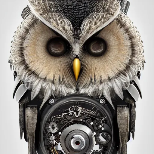 Image similar to detailed portrait of a mechanic owl, watch on his head, feathers from mechanical watch parts, in half a turn, hyper detailed, stylistic, symmetrical, 3 d render, 8 k, octane render