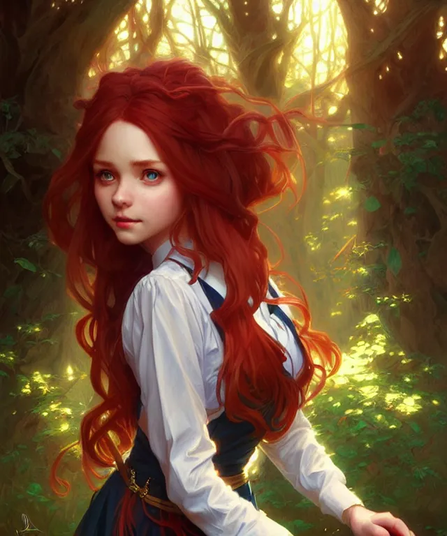 Prompt: portrait cute female, magic school uniform, fantasy forest landscape, dnd fantasy magic, long red hair, cinematic rim light, intricate, elegant, highly detailed, digital painting, artstation, concept art, smooth, sharp focus, illustration, art by artgerm and greg rutkowski and alphonse mucha