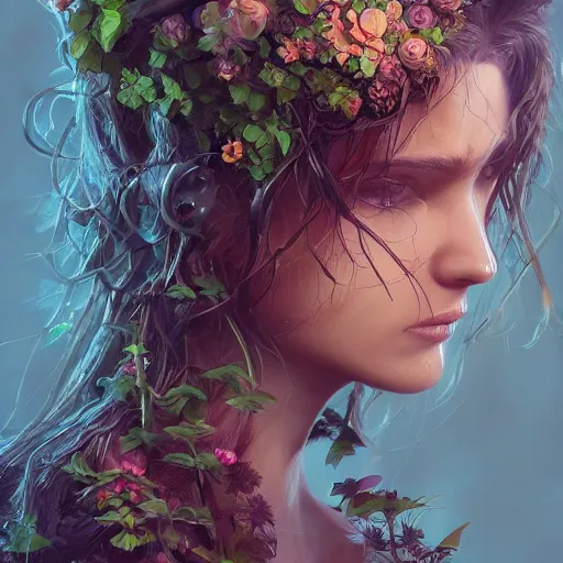 Prompt: A gorgeous young woman plant hybrid, vine and plants and flowers, intricate, digital painting, highly detailed, concept art, Artstation, Cgsociety, Artgerm, cinematic lighting