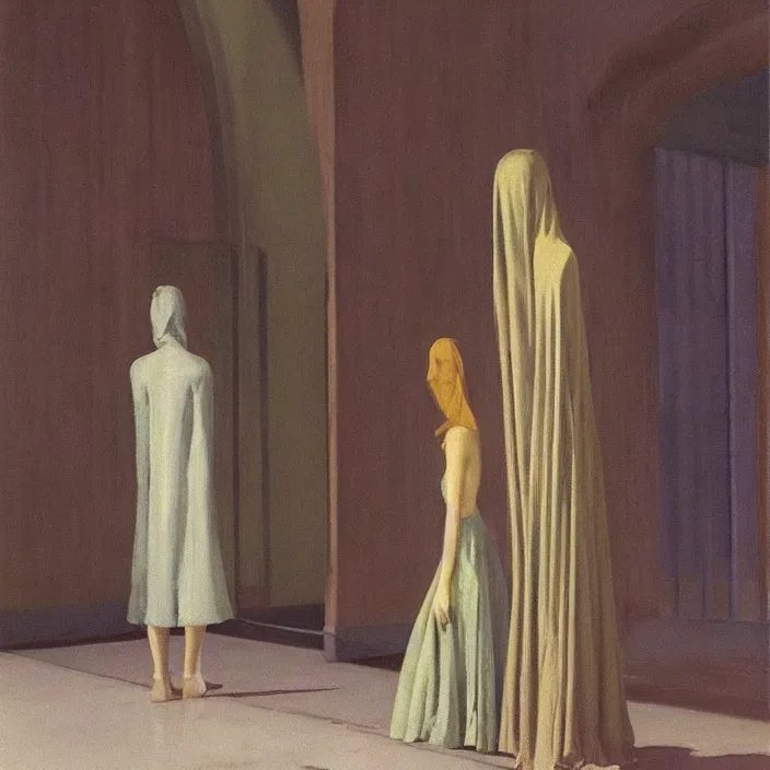 Image similar to woman in transparent robes, short skirt, in magnificent shopping mall, oil painting by edward hopper, zdislav beksinski, wayne barlowe