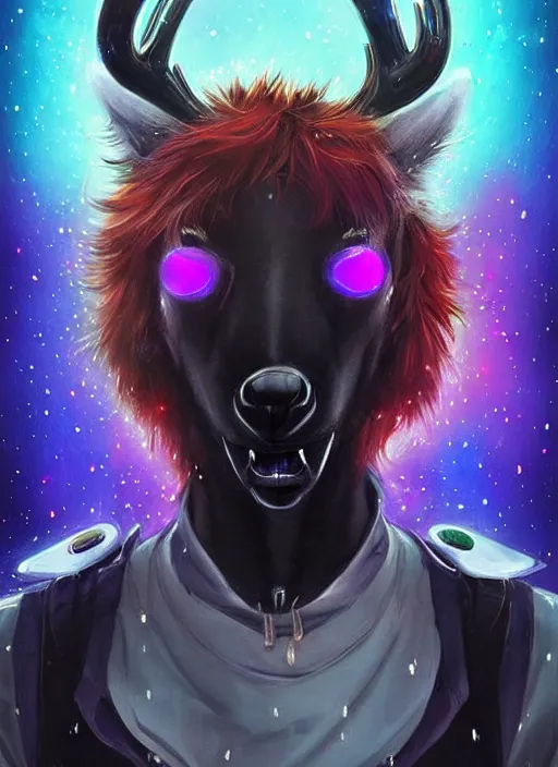 Image similar to award winning beautiful portrait commission of a male furry anthro Black Reindeer cyberpunk fursona with a tail, wings, wings, wings and a cute beautiful attractive detailed furry face wearing stylish black and rainbow galaxy clothes, outline, in a cyberpunk city at night while it rains. Character design by charlie bowater, ross tran, artgerm, and makoto shinkai, detailed, inked, western comic book art