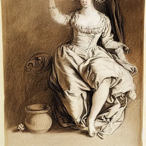 Prompt: Drawing of a woman, full body, clothed, François Boucher, red chalk, watteau