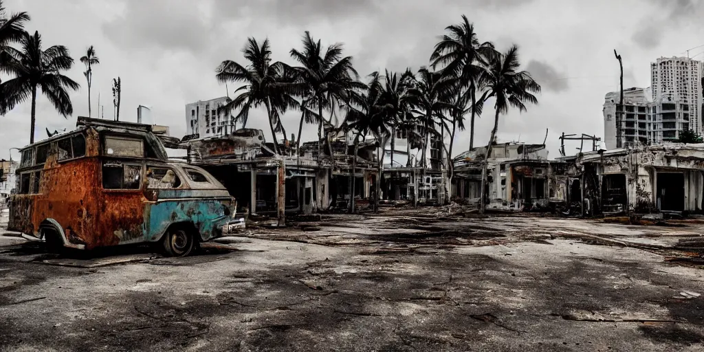 Prompt: wide angle shot of dilapidated fallout 5 miami, tropical coastal city, desolate, dilapidated, some rusted retro futuristic vintage parked vehicles like cars, buses, trucks, trams, slight overcast weather, fog, volumetric lighting, photorealistic, daytime, autumn, sharp focus, ultra detailed,