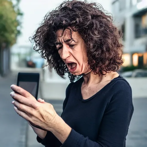 Prompt: astonished middle aged lady looking at smartphone angrily, wild hair, greek ethnicity, slick hair, angry eyes,
