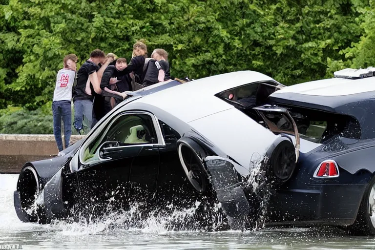 Image similar to Group of teenagers push Rolls-Royce into lake from small slide