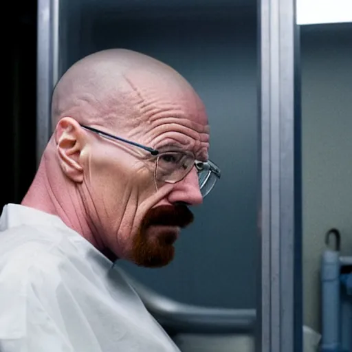 Image similar to walter white wearing a clear oxygen mask with tube running to small oxygen containt next to him. walter sits in a wheelchair in a courtroom.