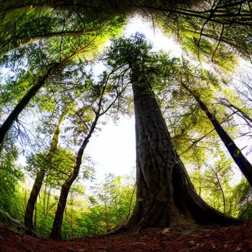 Prompt: photo of a tree on a forest landscape, fisheye lens,