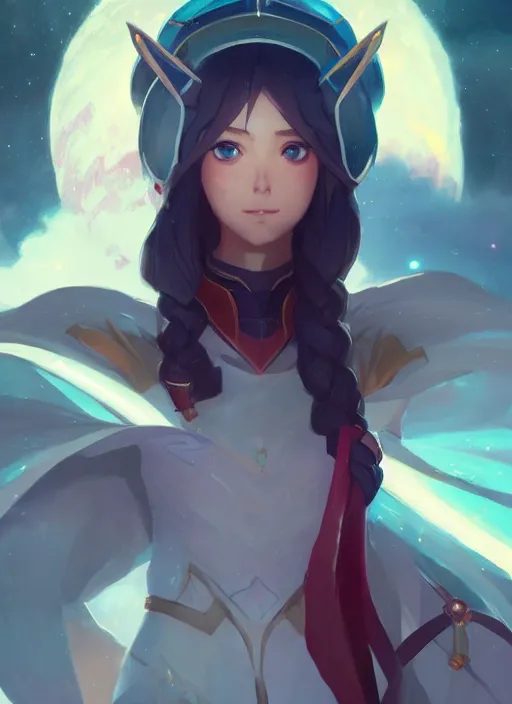 Prompt: a female space mage, star guardian inspired, perfect art, trending on pixiv, painted by greg rutkowski, akihiko yoshida, yuumei, soft light, warm colors, cinematic color grading, realistic, artgerm