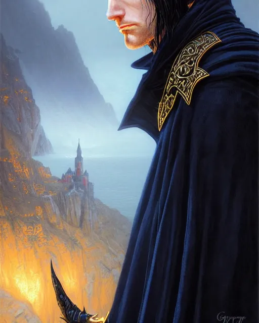 Prompt: handsome mage looking into the distance, long black hair blue eyes wearing leather mantle gothic navy cloak with gold details, cliffside town, fantasy character portrait, hyperrealism, concept art, intricate details, highly detailed by greg rutkowski, ilya kuvshinov, gaston bussiere, craig mullins, simon bisley