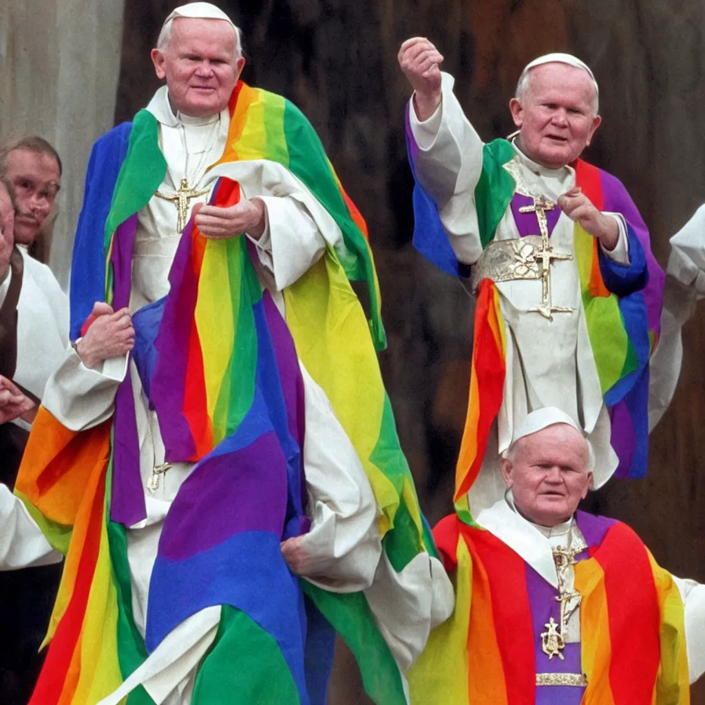 Image similar to John Paul II wearing a lgbt colored robe