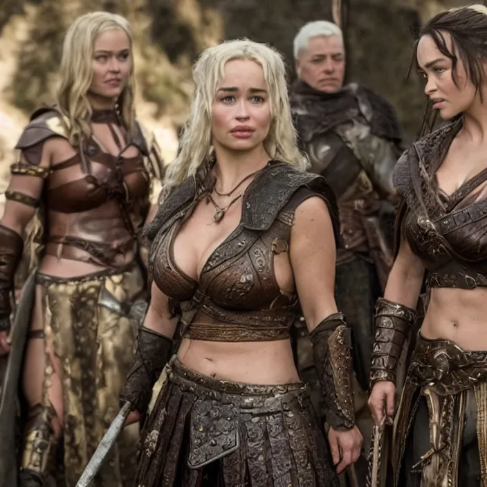 Image similar to movie still of lindsey pelas and emilia clarke as xena