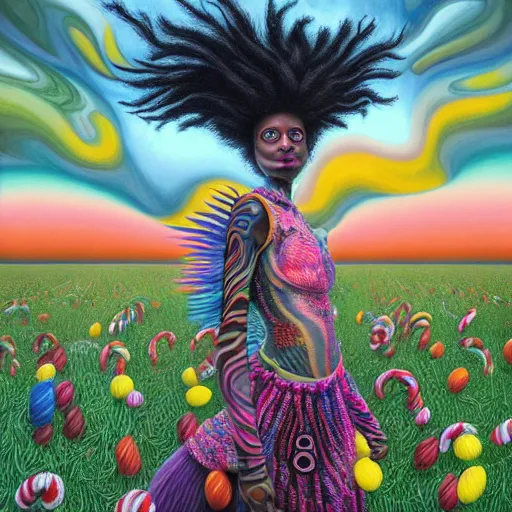 Image similar to a wide angle shot of a black girl with colorful dreadlocks in a field of candy, by Adi granov and afarin sajedi and amanda sage and evgeni gordiets and Agostino Arrivabene and adonna khare in a psychedelic portrait style, ultrarealistic matte painting, volumetric lighting, fractal, extremely symmetrical, highly detailed face, orisha, 8k, hd