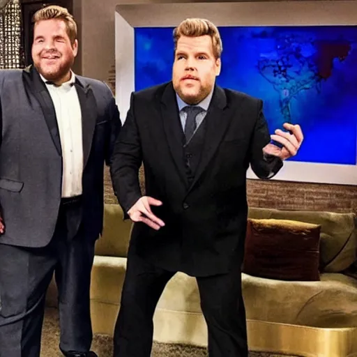 Prompt: “Jeffrey Epstein doing a sketch with James Corden nbc production still”