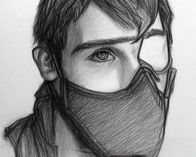 Image similar to draft drawing of a european young man covering face with fabric mask, draft sketch, trending on artstation, context art, pencil sketch, high detail